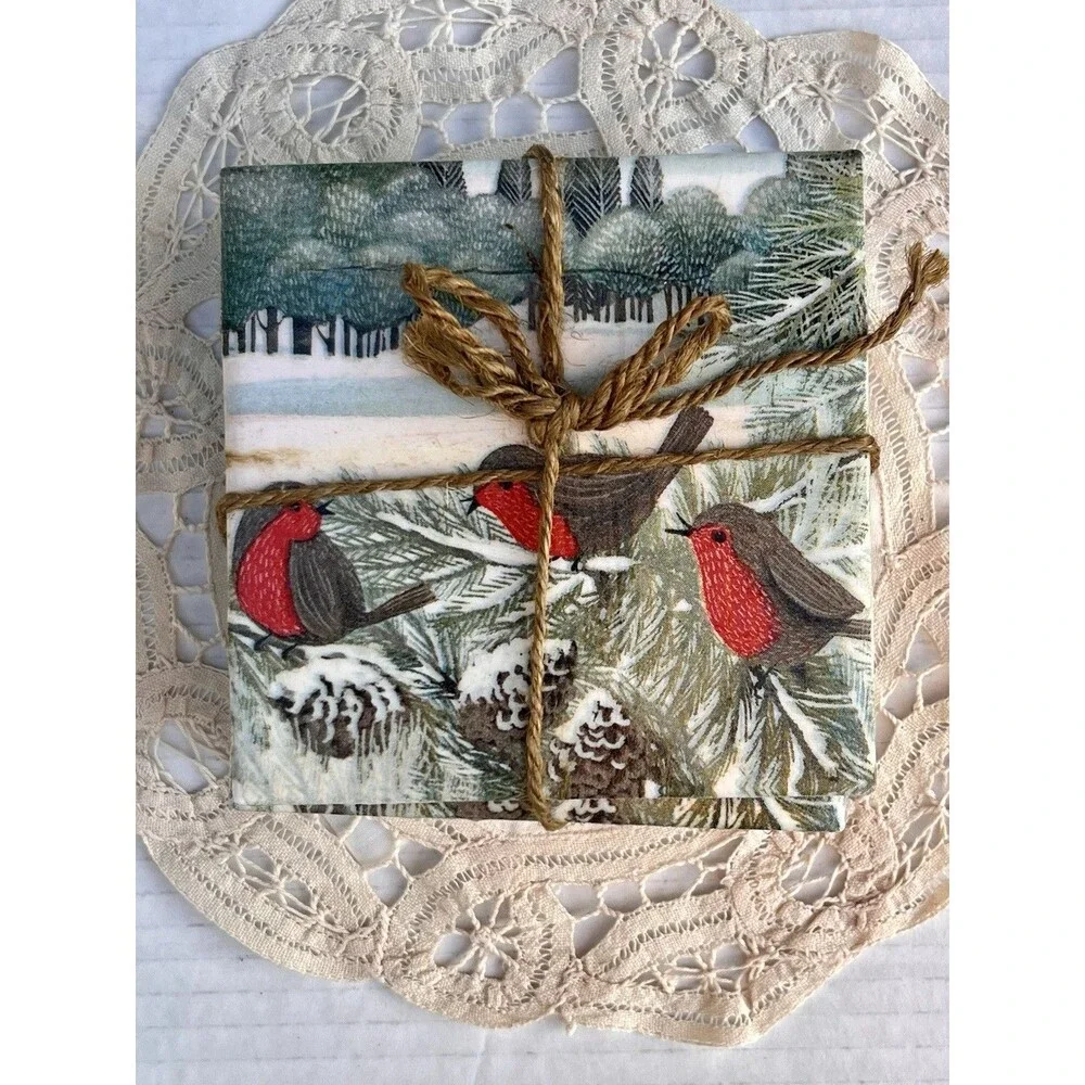 Handmade  Red Robin Coasters Set of 4 Ceramic Tile Coasters Cottagecore